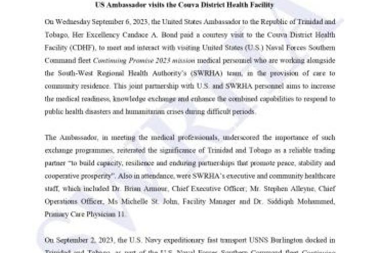 US Ambassador visits the Couva District Health Facility