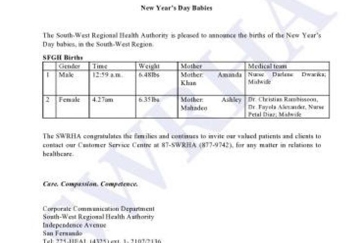 Media Release: New Year's Day Babies